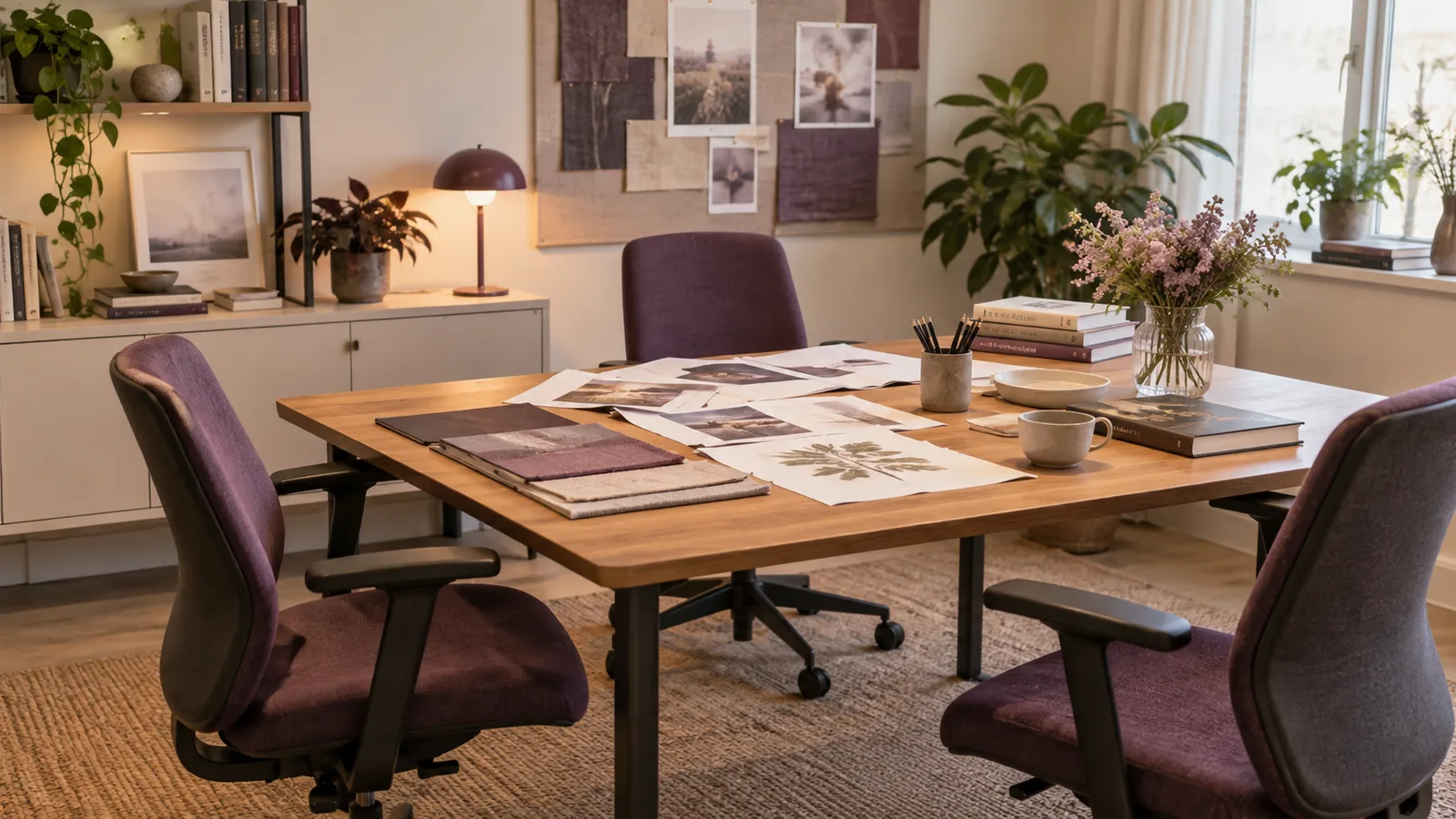 A bright office table covered in printed drafts with empty chairs around it