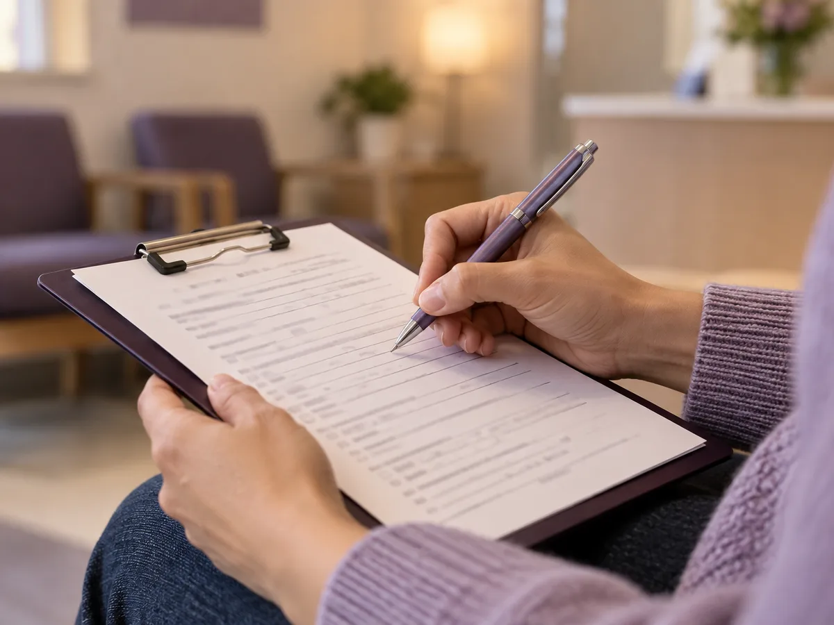 Hands fill in a printed form on a clipboard with a pen