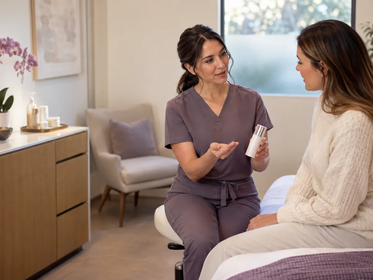 A woman in mauve scrubs holds a bottle, talking with a woman on a treatment bed