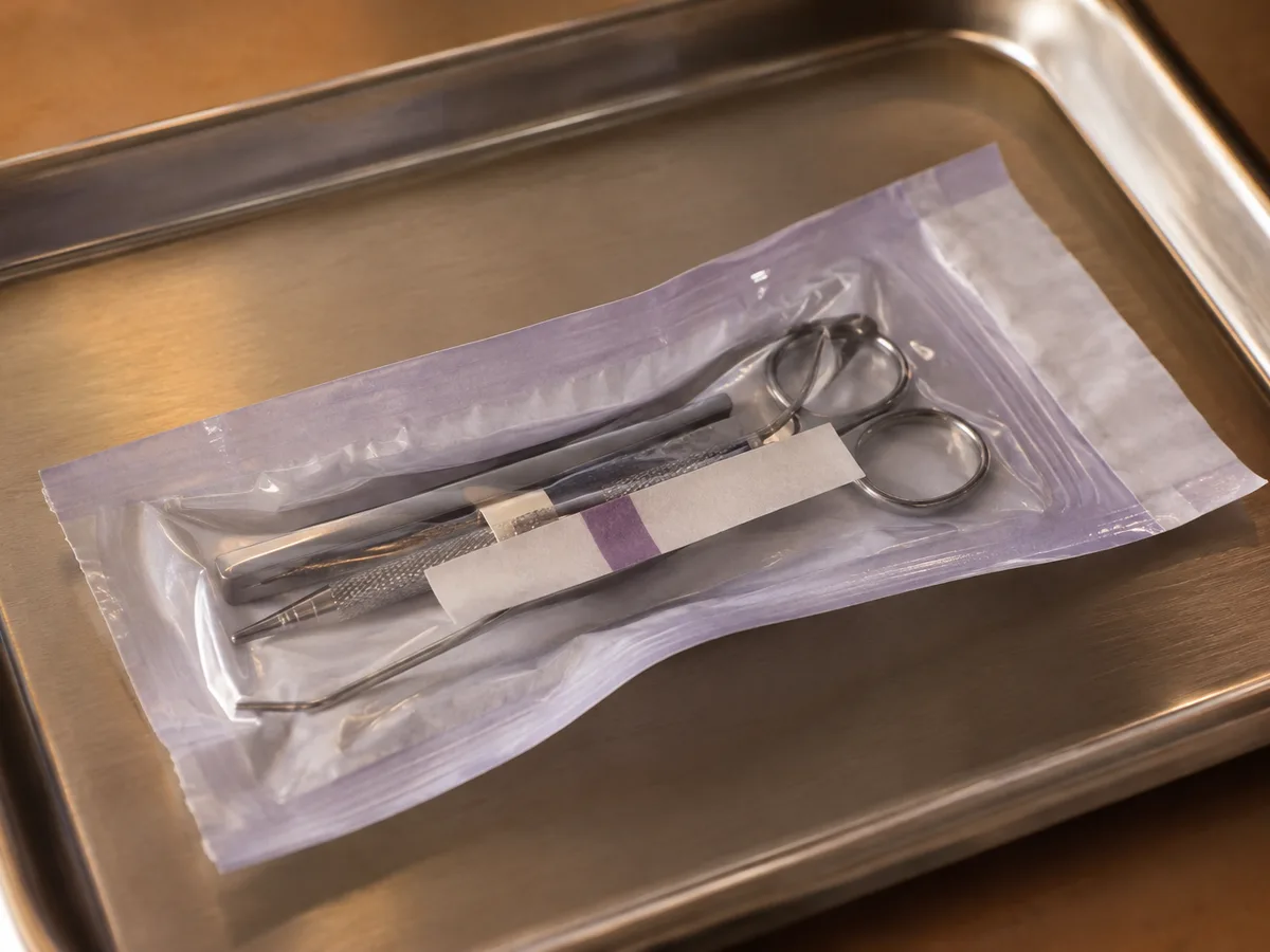 A sealed sterilisation pouch holding steel instruments on a tray