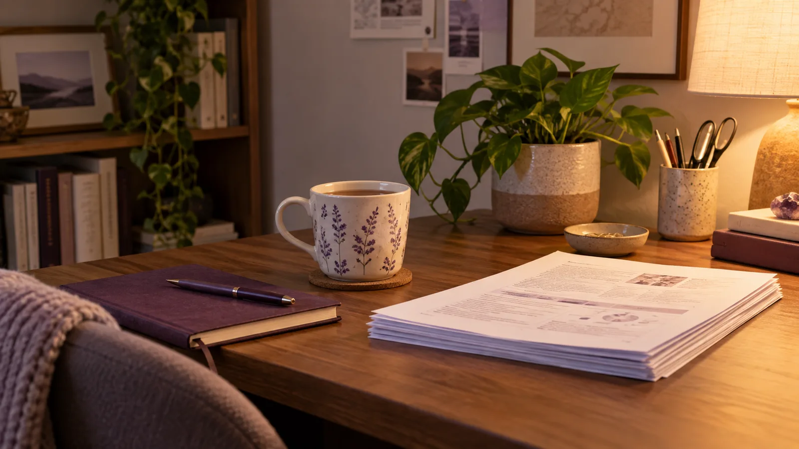 A wooden desk with a lavender-print mug, a notebook, stacked printed pages and a potted plant