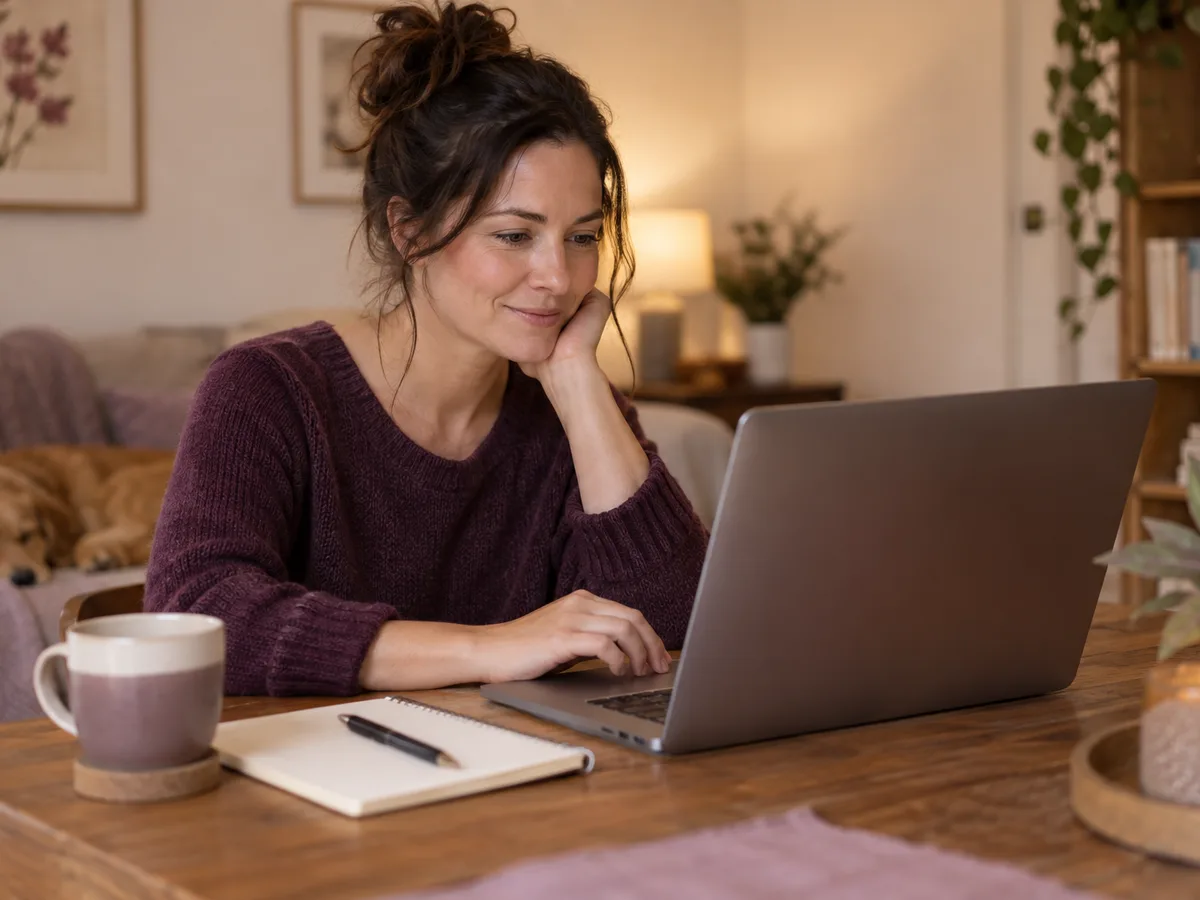 A woman works on a laptop at home with a notebook and a mug beside her