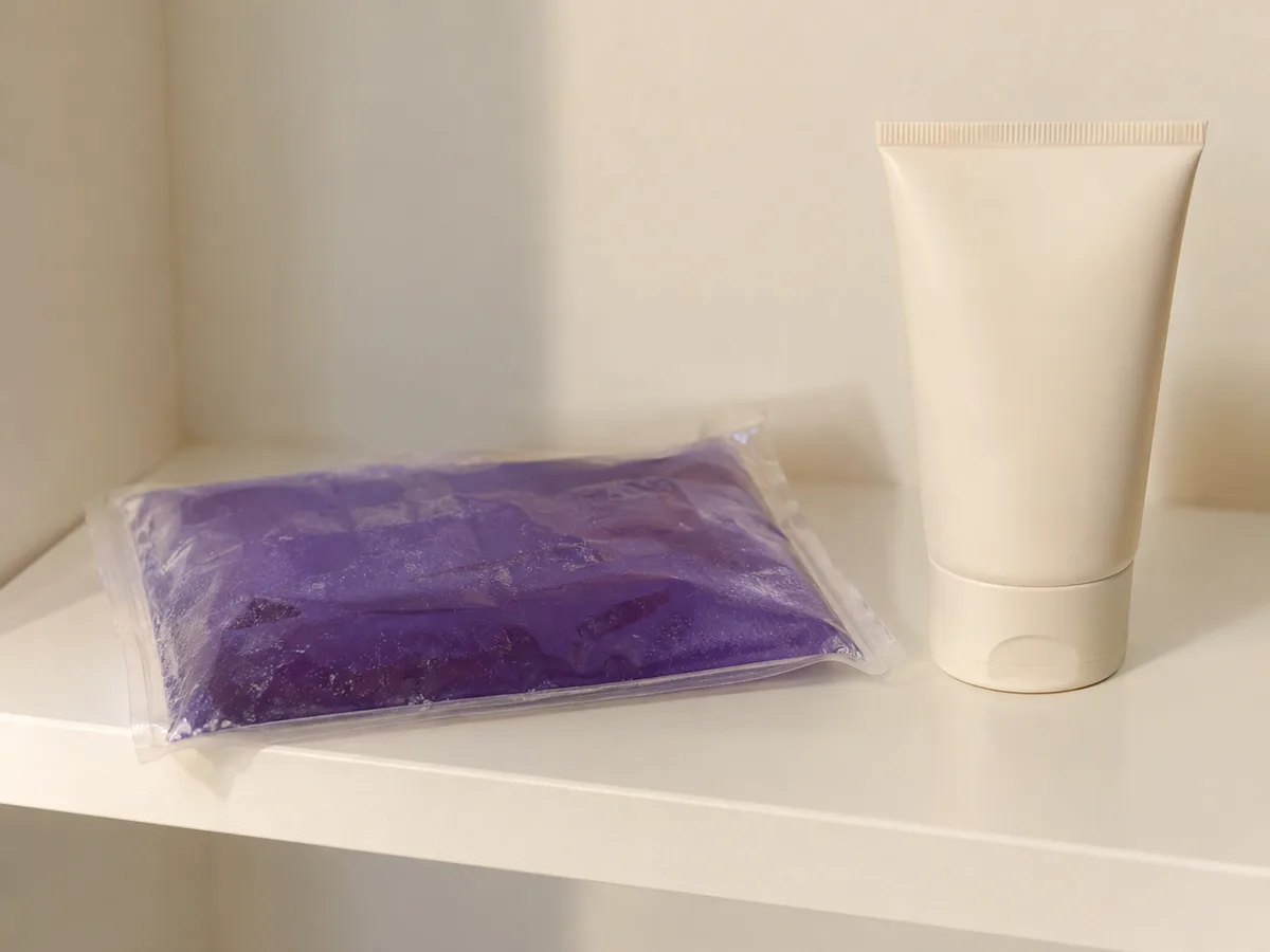 A cool gel pack and a tube of moisturiser on a white shelf