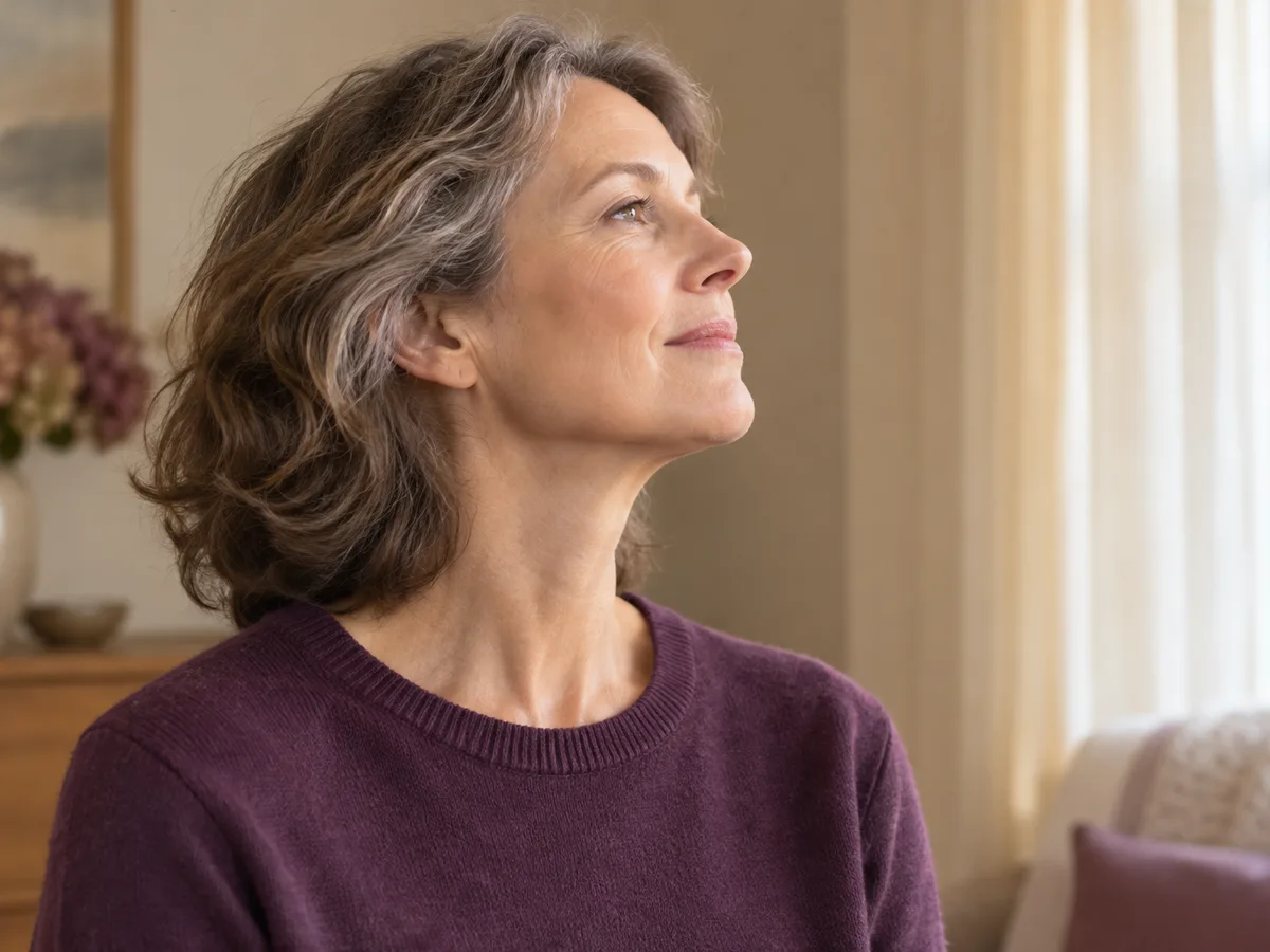 A woman with grey-streaked hair lifts her chin slightly in window light