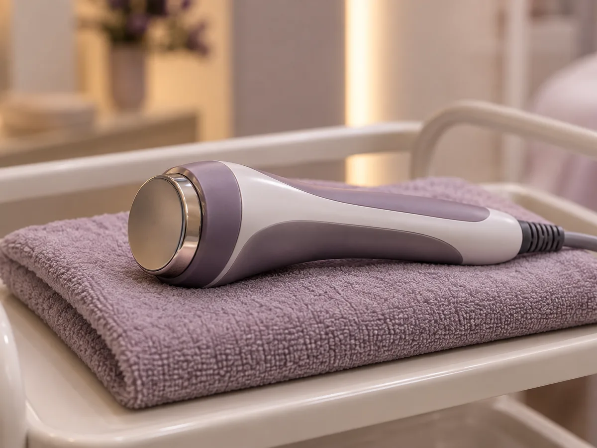 A smooth handheld device resting on a folded towel on a treatment trolley