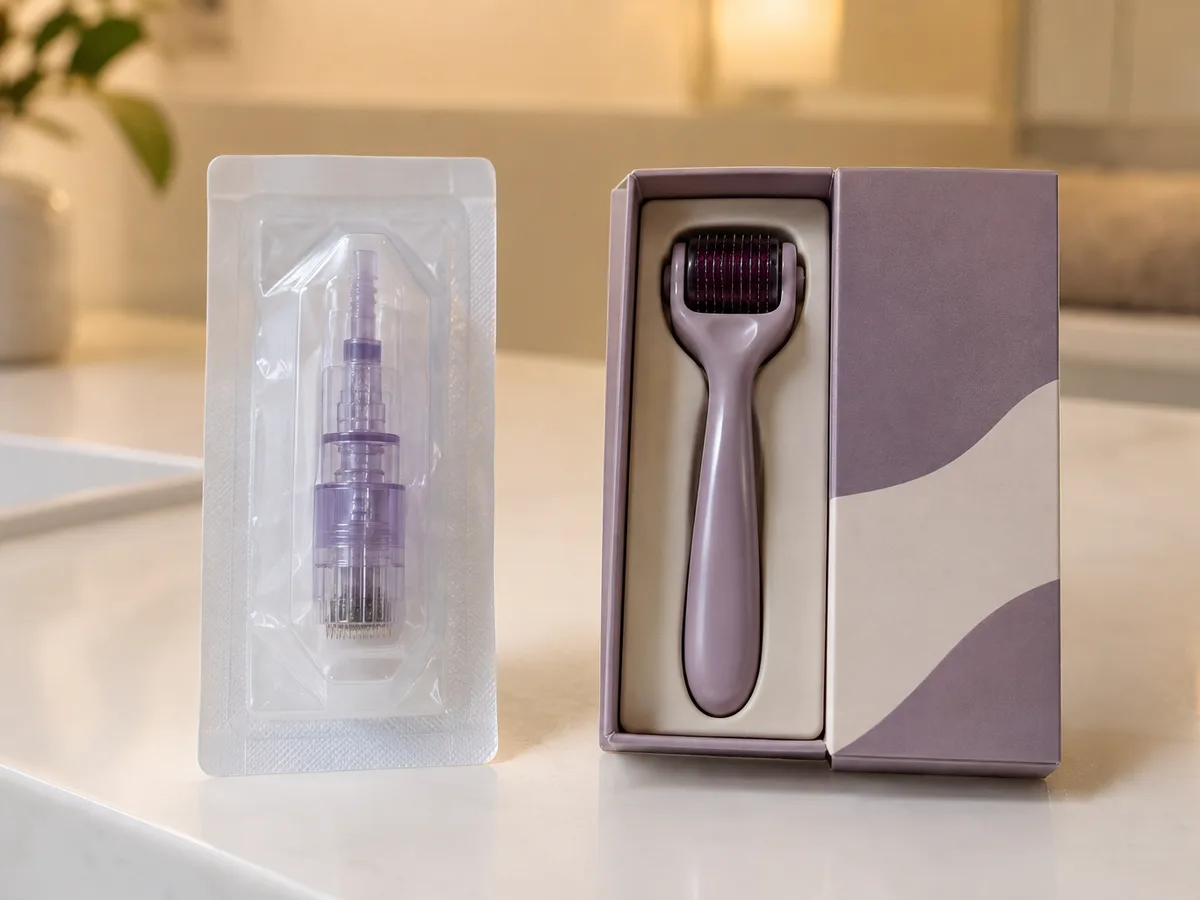 A sealed needling cartridge beside a boxed handheld skin roller on a white counter