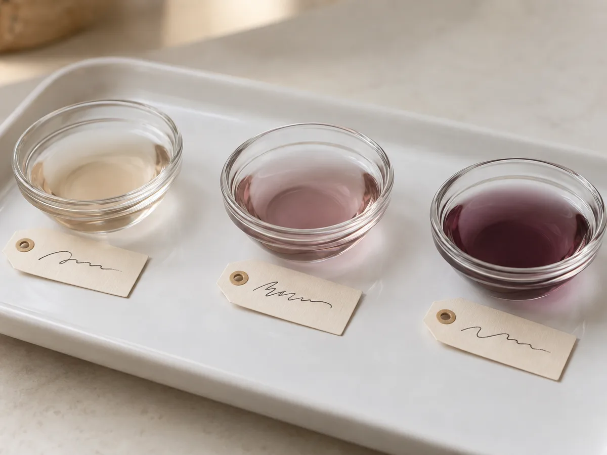 Three glass dishes of liquid in deepening shades with handwritten tags on a white tray