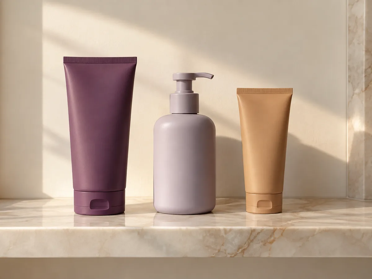 A cleanser tube, a pump bottle and a sunscreen tube on a marble shelf