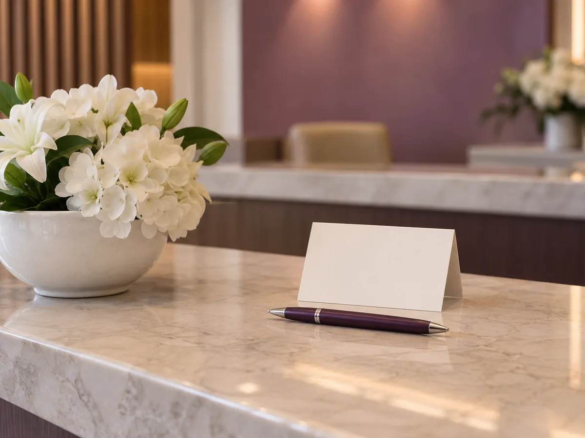 A blank card and a pen on a marble counter beside a bowl of white flowers