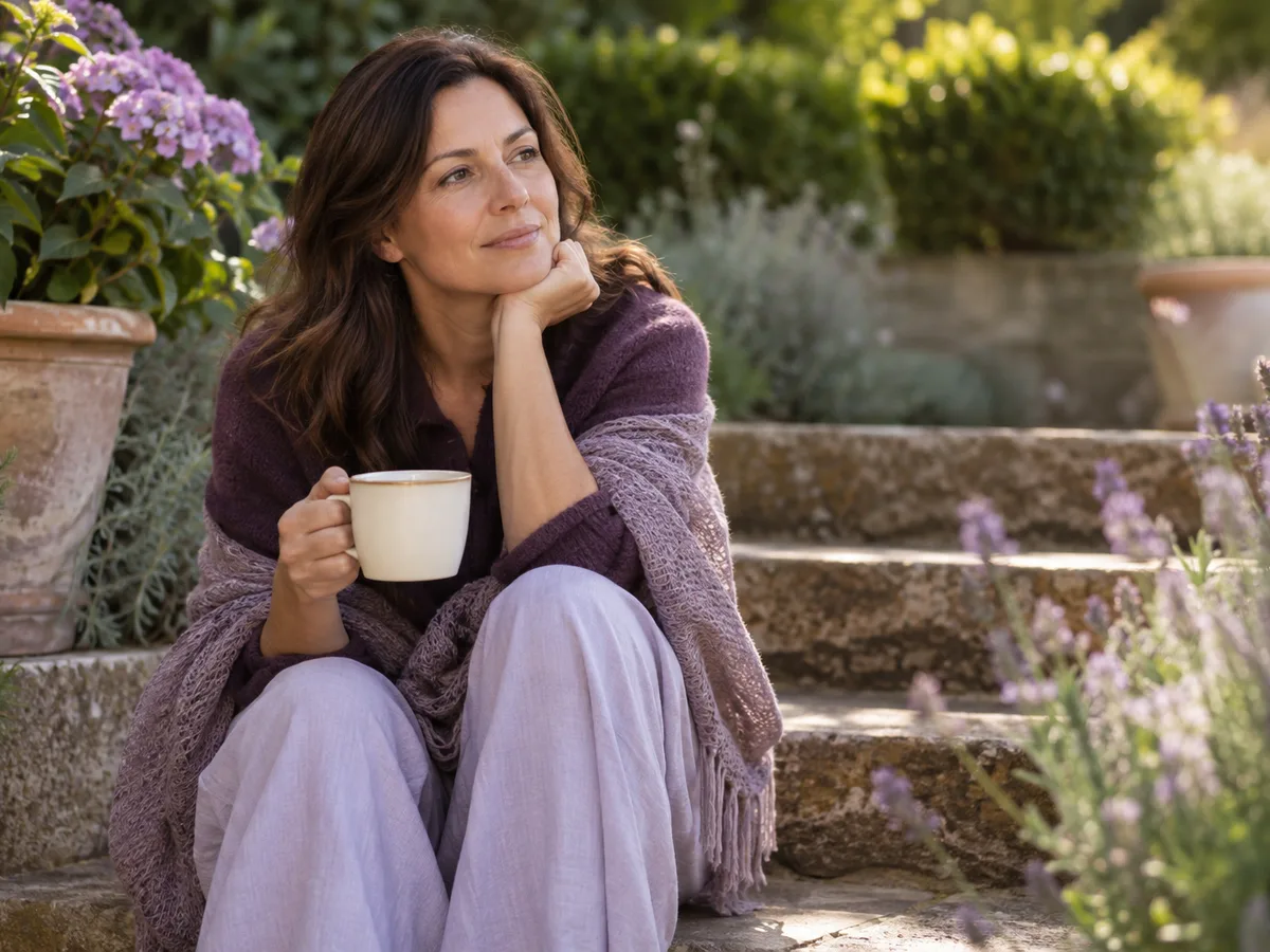 A woman with a cup of tea sits on garden steps among lavender