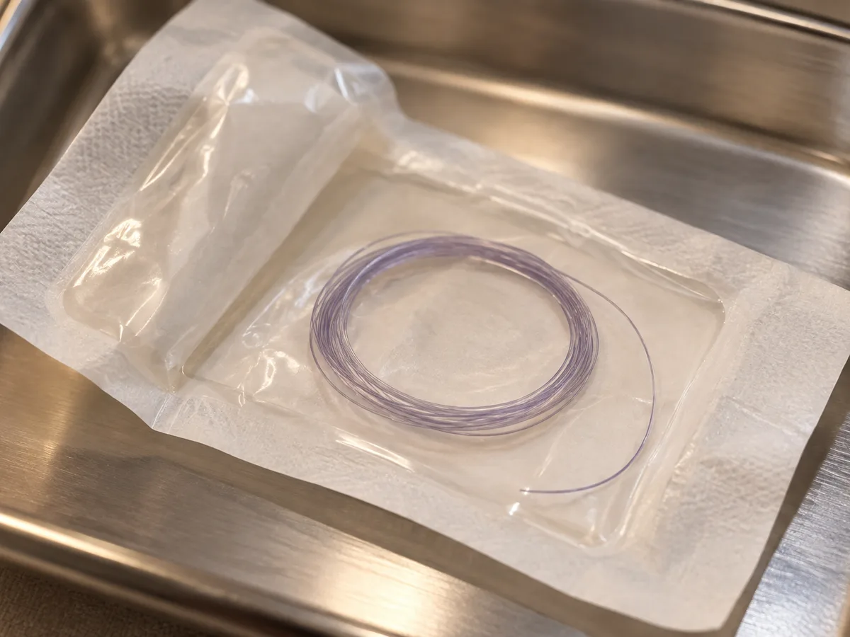 A coiled translucent thread inside an open sterile package on a steel tray